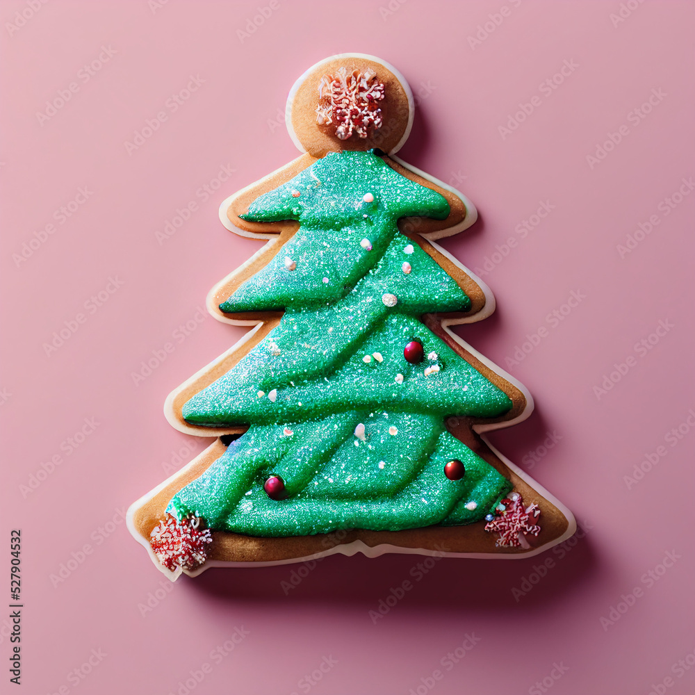 Christmas pastries, gingerbread, cookies.  Festive ornaments, glass balls, gingerbread man, candies and cookies, isolated on pink background. 