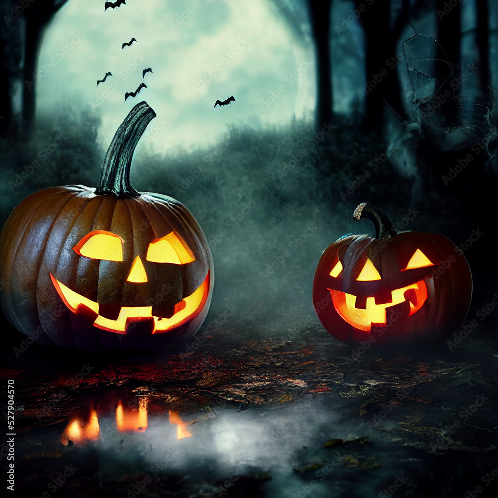 Halloween night background with a cemetery and pumpkins and moon. High detailed realistic illustration Halloween night background with a cemetery and pumpkins and moon. High detailed realistic illustration
