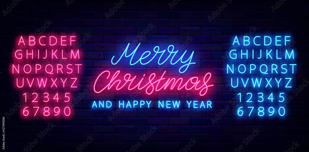 Merry Christmas and Happy new Year neon signboard. Light lettering. Shiny pink and blue alphabet. Vector illustration