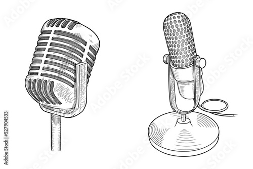 Hand drawn retro microphone sketch. Vector illustration in doodle style isolated on white background.