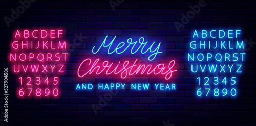 Merry Christmas and Happy new Year neon signboard. Light lettering. Shiny pink and blue alphabet. Vector illustration