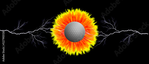 Two horizontal lightning strikes a golf ball illuminated by a coronal glow