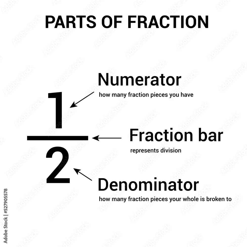Parts Of Fraction Numerator Denominator And Fraction Bar Stock Vector 