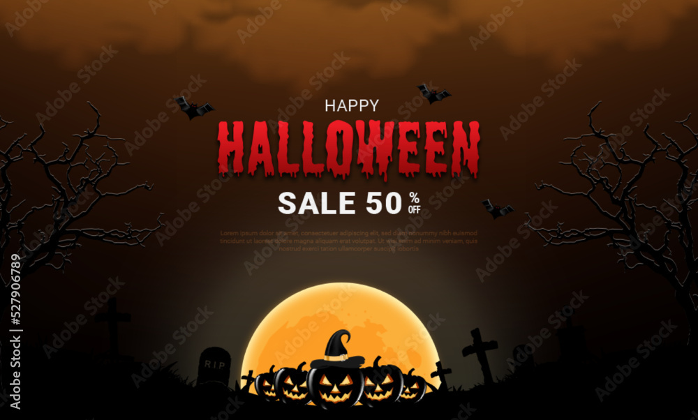 halloween sale with dark pumpkin and glowing moon
