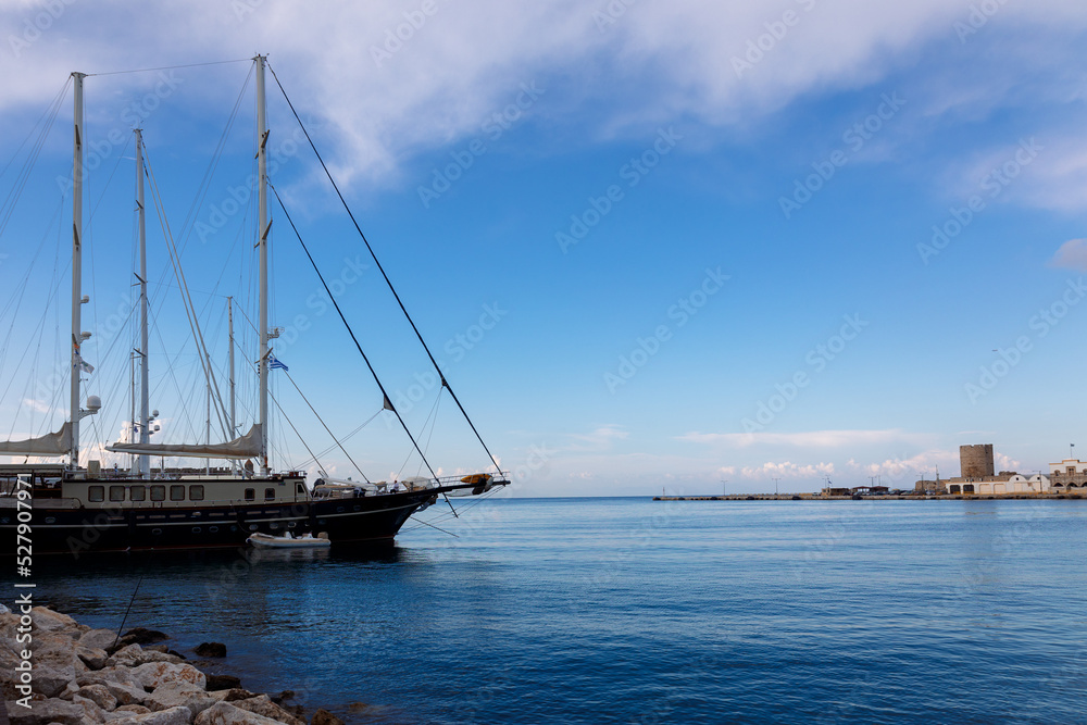 Panoramic view of beautiful yachts stand in harbor in port of Rhodes, Greece. High quality photo