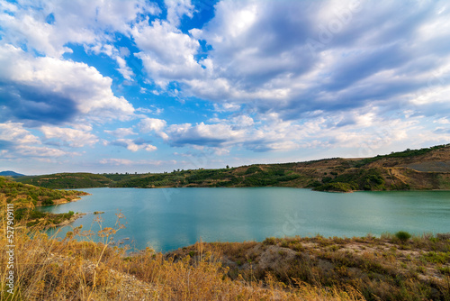 Christianoupolis dam water reservoir in Messenia, Greece. View of the dam, artificial lake.
