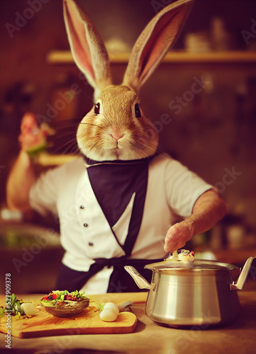 cute fluffy rabbit culinary chef in the kitchen serving food