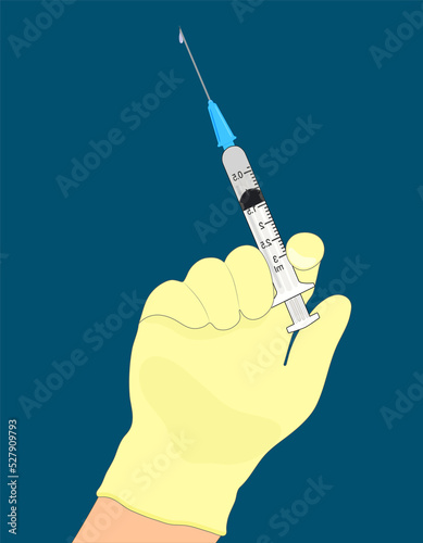 The flat concept of a syringe with a vaccine. There is a syringe in the doctor's hand. Isolated. 