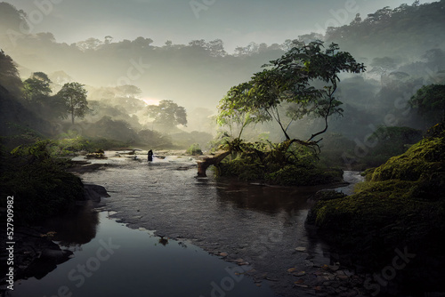 amazonas rainforest, tropical river with steam, jungle landscape with sunrise, fictional landscape created with generative ai photo