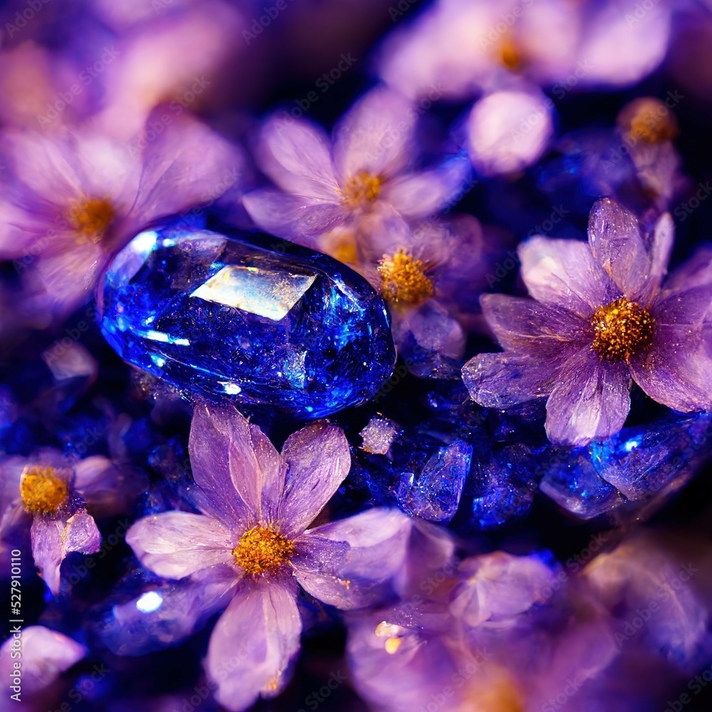 Blue sapphire in flowers, close-up. Flowers and a gemstones. Stylized illustration, 3D rendering.