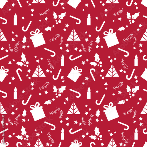 Seamless Christmas pattern. Candles, candy cane, stars, tree, berries. Background, packing material. Swatch is included.