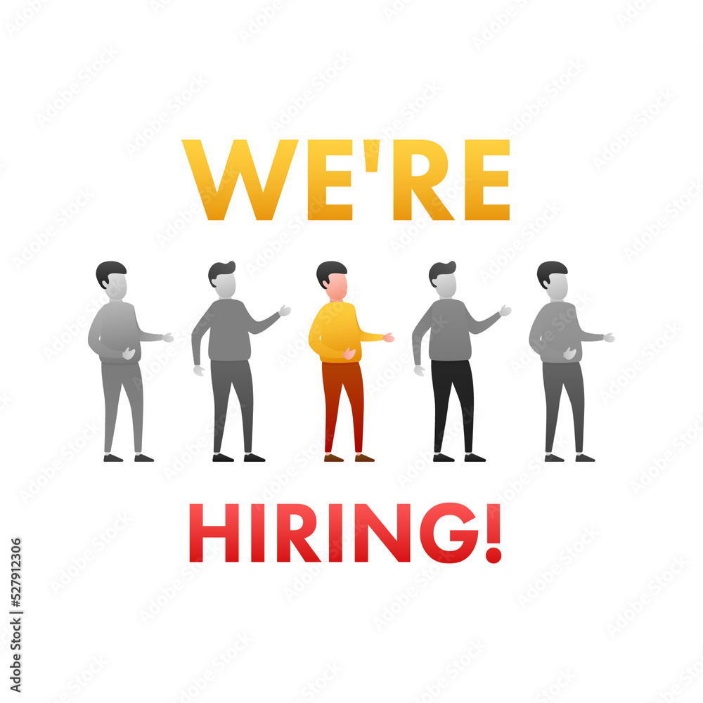 We are hiring flat cartoon illustration. Recruitment concept. Hire workers, choice employers search team for job. Resume icon. Vector illustration. We are hiring flat cartoon illustration. Recruitment concept. Hire workers, choice employers search team for job. Resume icon. Vector illustration.