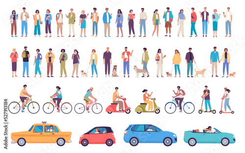 Different modern young people, women, men standing together, walking with their dogs, cats, parrots, pets, riding bikes, scooters and cars. People characters vector illustration set