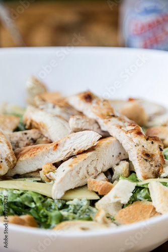 Caesar Salad. Chicken salad with lettuce, onion, cheese, croutons. Healthy salad.