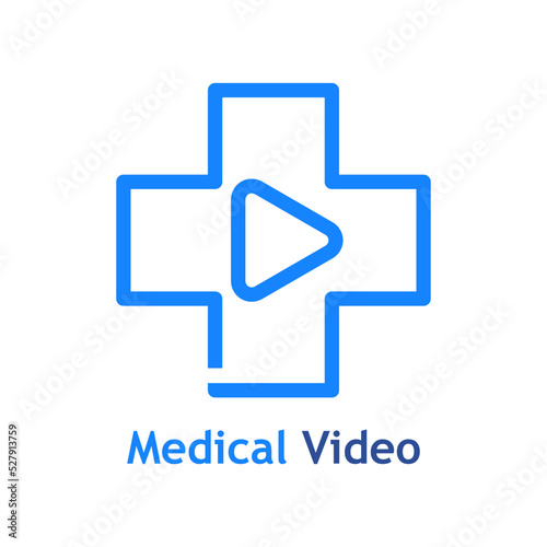 Telemedicina. Logo de vídeo médico. Atención médica remota. Silueta de cruz medicina con botón de reproducción con líneas