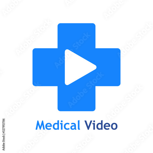 Telemedicina. Logo de vídeo médico. Atención médica remota. Silueta de cruz medicina con botón de reproducción en espacio negativo