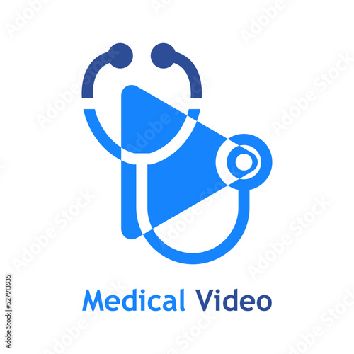 Telemedicina. Logo de vídeo médico. Atención médica remota. Silueta de estetoscopio con botón de reproducción en espacio negativo