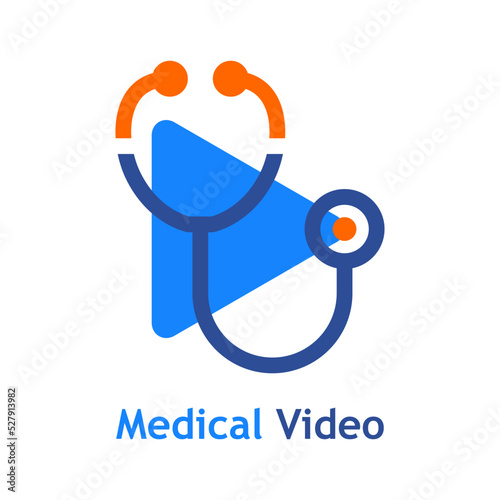 Telemedicina. Logo de vídeo médico. Atención médica remota. Silueta de estetoscopio con botón de reproducción