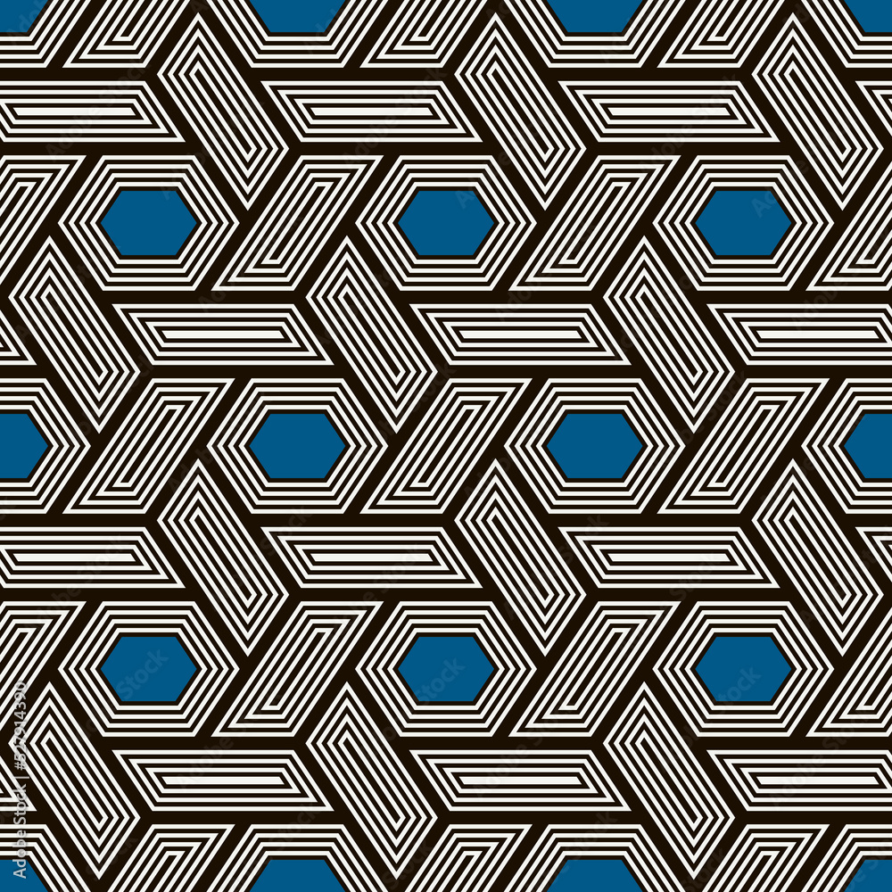 Hexagonal seamless pattern. Honeycomb surface print. Mosaic tiles. Flooring background. Wicker, weave, entwine effect. Geometric ornament. Vector abstract. Digital paper. Modern geometrical wallpaper.
