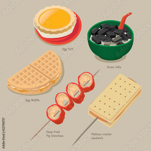 Cartoon illustration of 5 vintage street snacks in Hong Kong