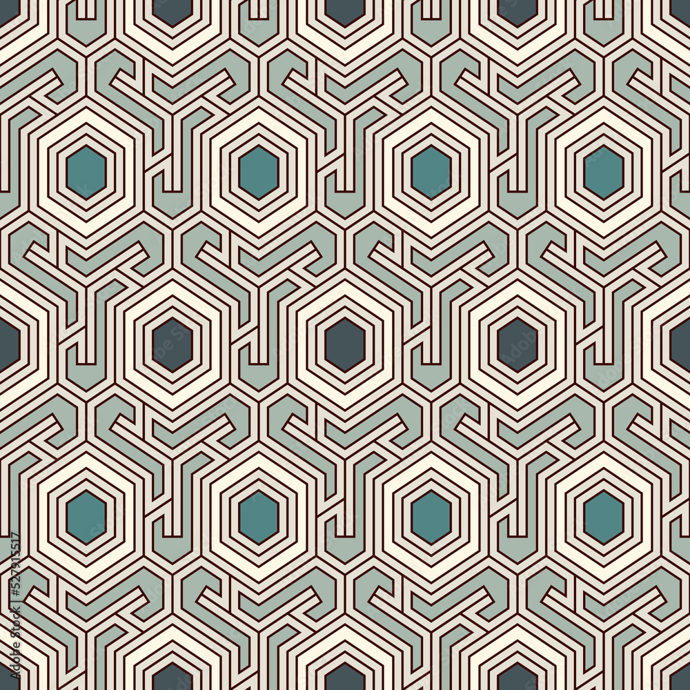 Honeycomb seamless pattern. Hexagon mosaic tiles ornament. Ethnic surface print. Repeated geometric figures background. Ornamental wallpaper. Modern geo design digital paper. Vector abstract.