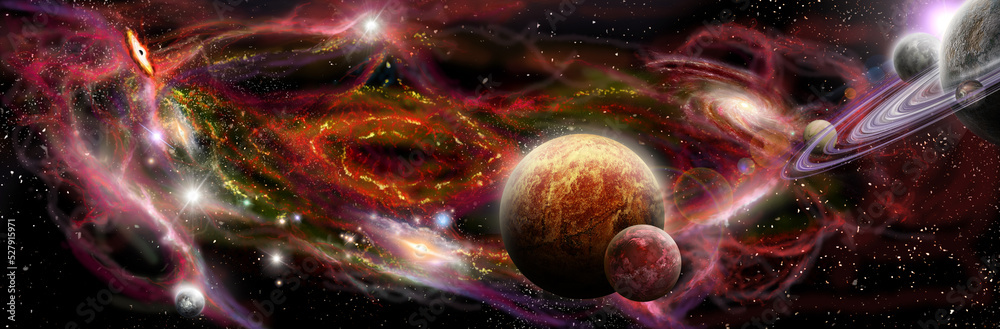 Obraz premium Panoramic space view of nebulae different galaxies and exoplanets