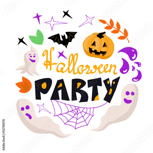 Halloween party lettering with witch hat, web, bat in doodle siyle