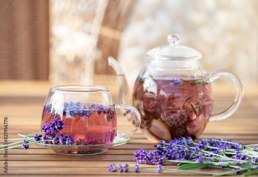 Fototapeta premium Glass cup of lavender tea.