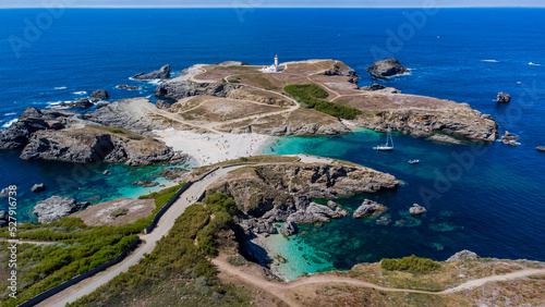 Aerial view of the Pointe des Poulains, the western tip of Belle-île-en-Mer, the largest island of Brittany in Morbihan, France - Wild rocky coast with beautiful sandy beaches in the Atlantic Ocean