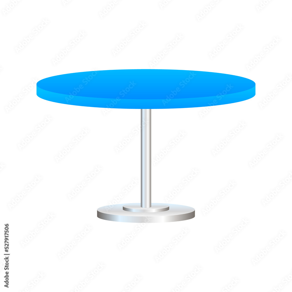 Realistic empty round table with metal stand isolated on white background. Different color table set. Vector stock illustration. Realistic empty round table with metal stand isolated on white background. Different color table set. Vector stock illustration.