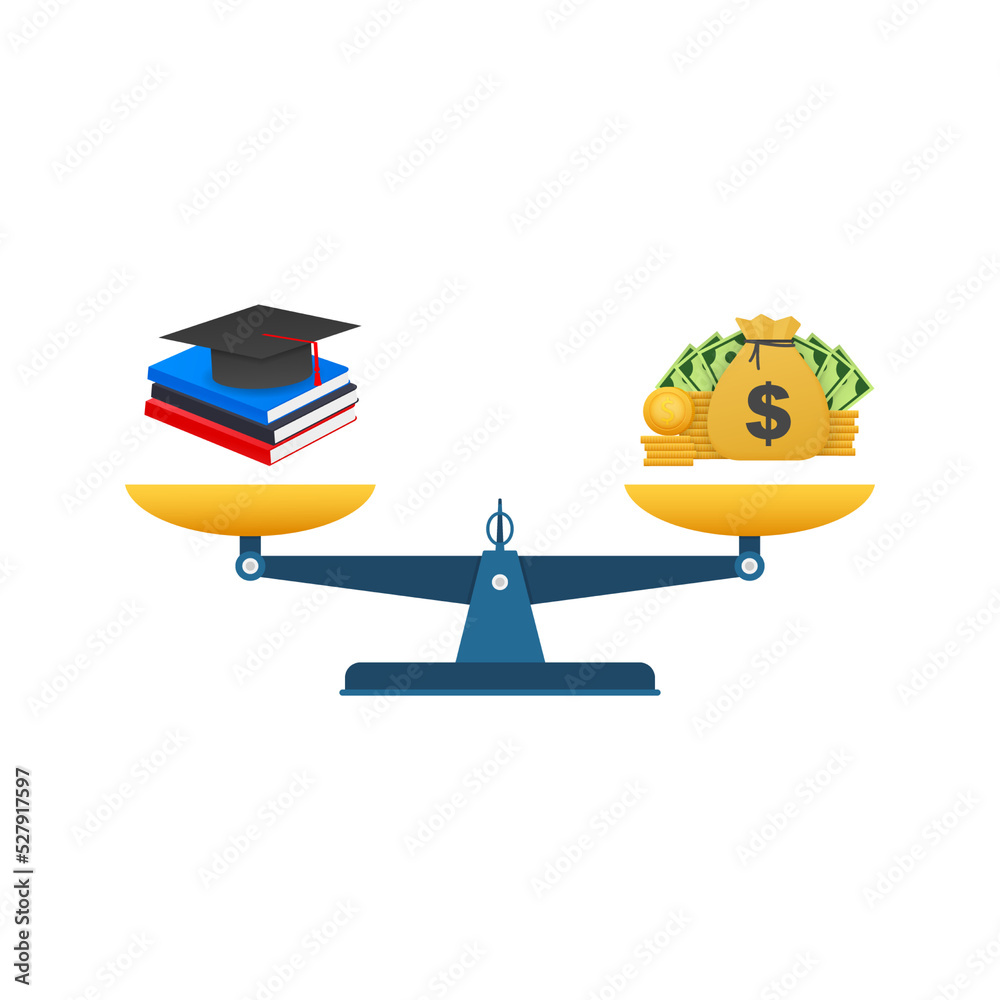Concept of investment in education with coins books and scales. Vector stock illustration. Concept of investment in education with coins books and scales. Vector stock illustration.