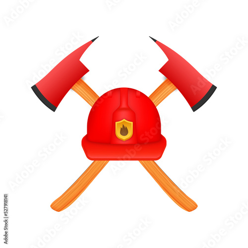 Vintage american illustration with red fire fighter tool. Cartoon vector illustration. Logo, label.