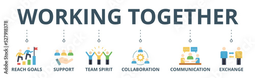 Working together banner web icon vector illustration concept for team management with an icon of collaboration, reach goals, team spirit, support, communication, and exchange