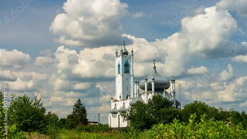 Quick motion of fluffy clouds over Saviour's Transfiguration Church in Moshny village, Cherkasy region, Ukraine. 4K Time Lapse photo