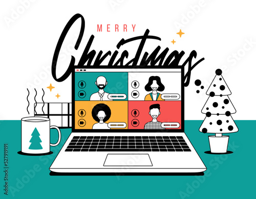 Christmas online greeting in outline style. people meeting online together with family or friends video calling on laptop virtual discussion. Group of people meeting via videoconference on xmas