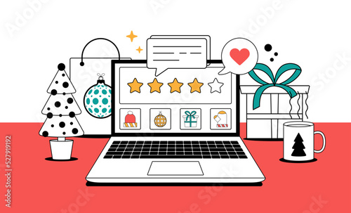 Online Christmas gift review or online shopping concept. Christmas shopping and feedback five orange stars flat vector illustration. Office desk with holiday elements