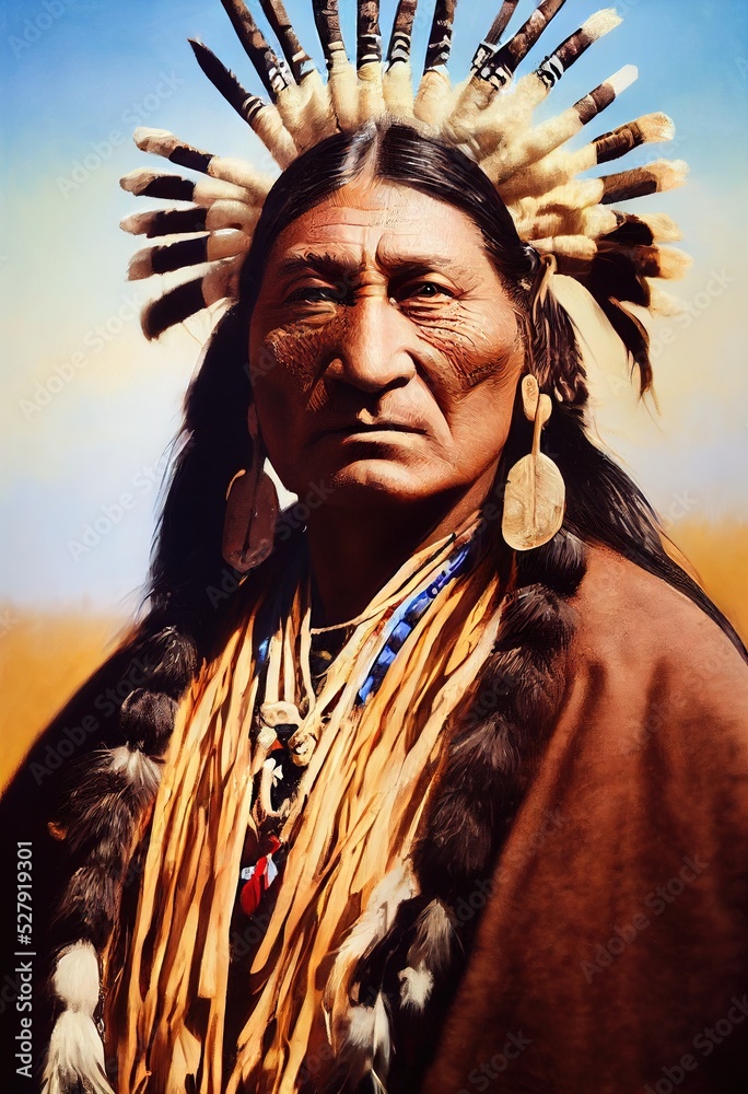 Portrait of a fictional Indian shaman from the Comanche Indian tribe