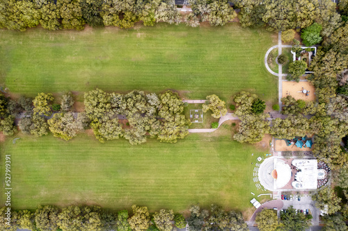 Aerial drone view of Forsythe Park in Savannah, Georgia, one of the city's most popular parks and attracts locals and tourists photo