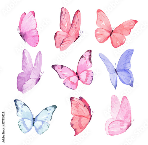 Set of butterflies isolated on white background. Watercolor. Illustration. Template, blue, yellow, pink and violet butterfly spring illustration.