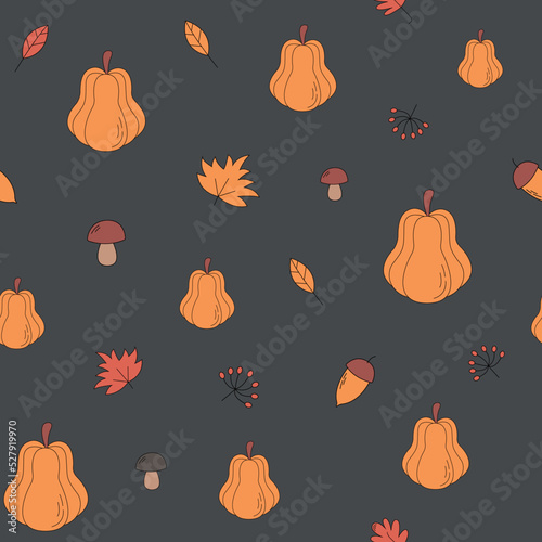 Seamless pattern with pumpkins, leaves, acorns and mushrooms. Beautiful background for Thanksgiving, halloween, autumn.