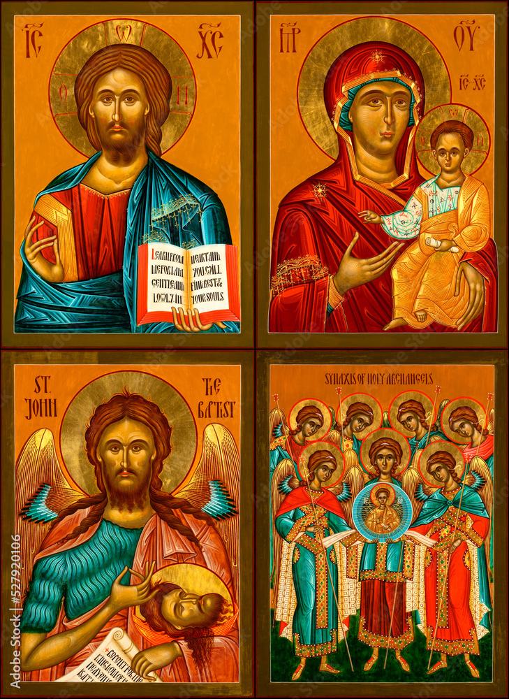 Collection of traditional orthodox icons depicting Jesus, Virgin Mary ...