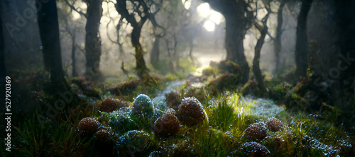 Photo a misty irish forest fantasy magical little balls Digital Art Illustration Paint