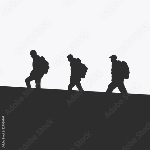 Tourists with backpacks go, silhouette vector, outdoor hiking