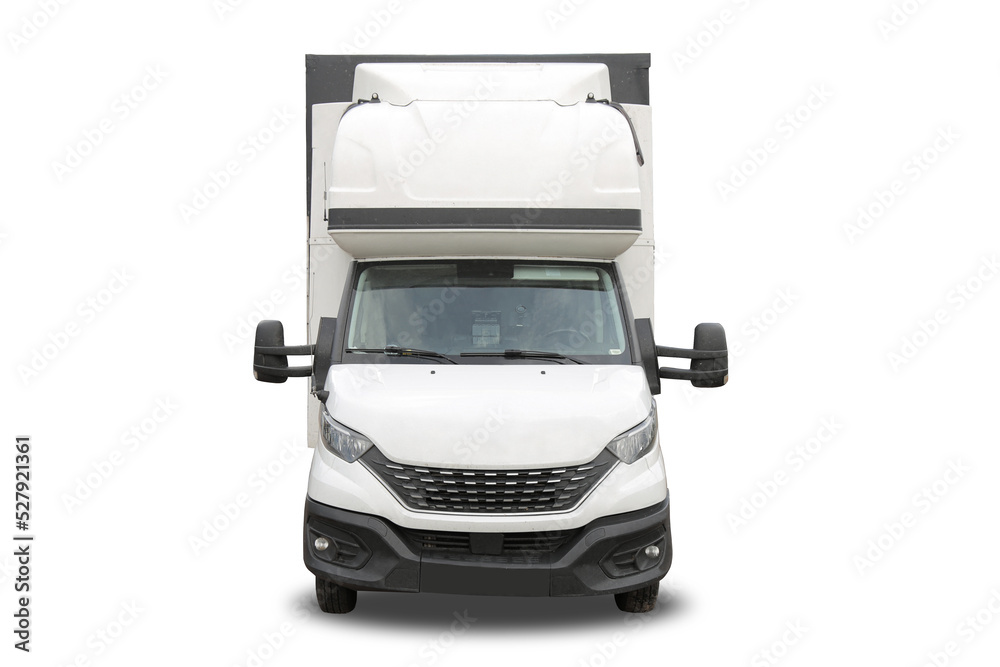 truck delivering cargo, front view, isolated on white background