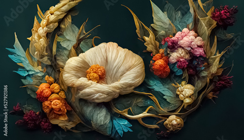 Elegant floral background in Renaissance style. Retro flower art design. 3D digital illustration. photo