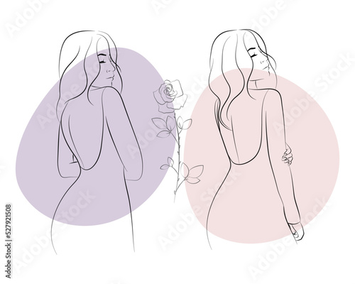 Vector illustration of a woman in an evening dress with an open back. Floral ornament, abstracts.