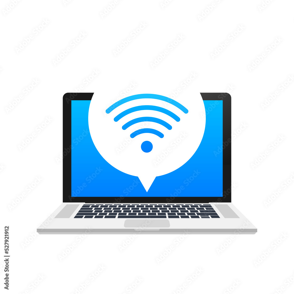 Wireless technology. Wifi internet connection on laptop screen. Vector stock illustration.