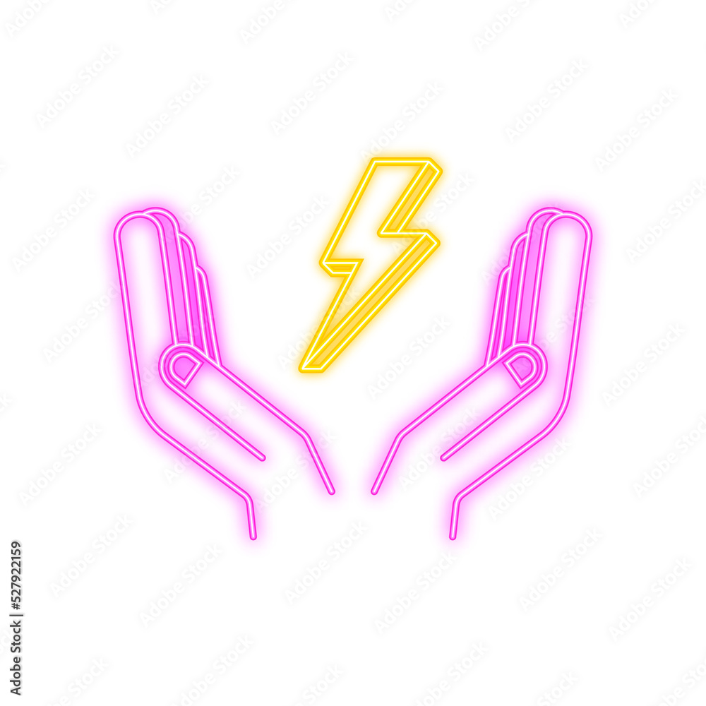 Lightning neon bolt in hands. Thunder bolt, lighting strike expertise. Vector illustration Lightning neon bolt in hands. Thunder bolt, lighting strike expertise. Vector illustration