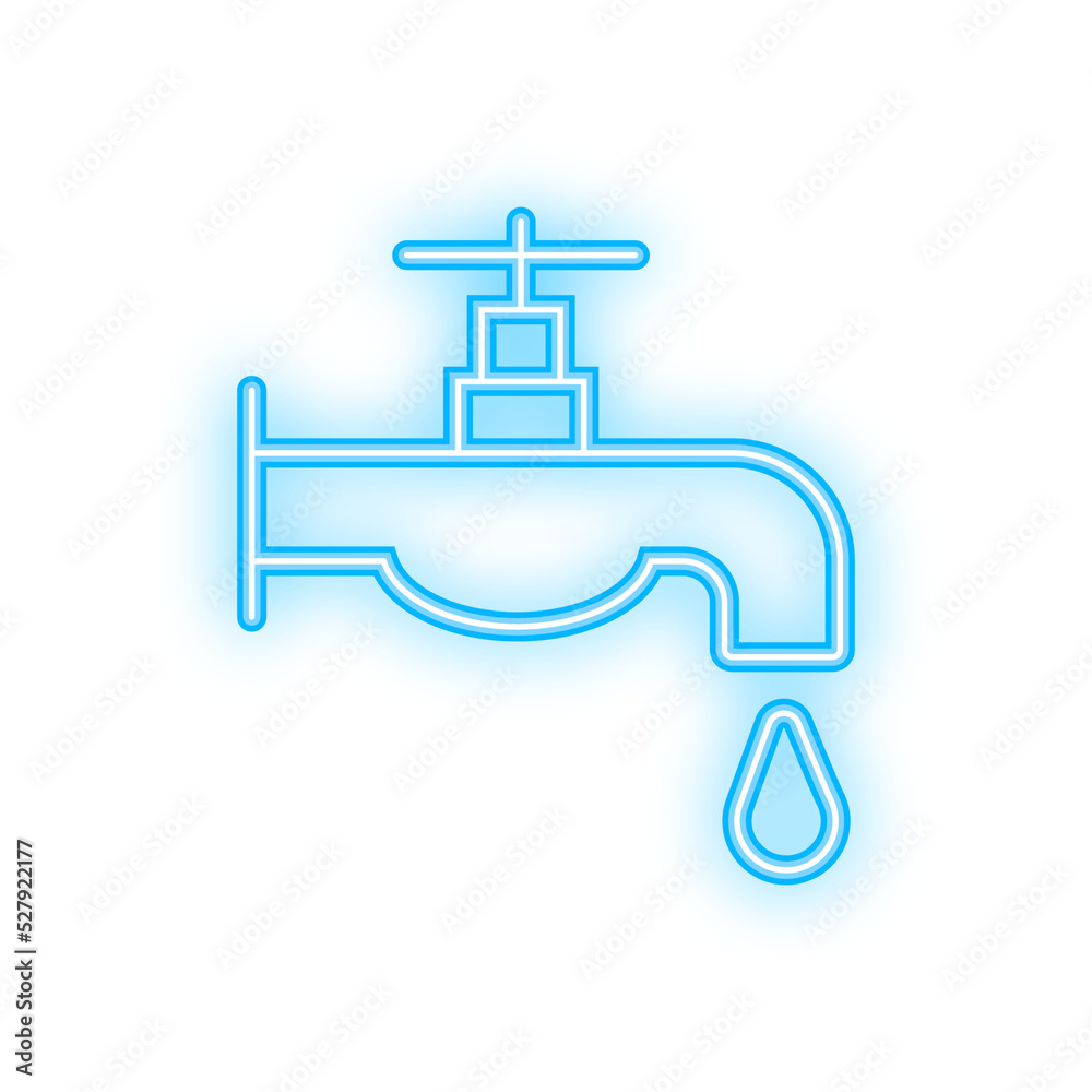 Eco dripping tap with drop neon icon. Glowing bright icon Faucet Research. Vector stock illustration. Eco dripping tap with drop neon icon. Glowing bright icon Faucet Research. Vector stock illustration.
