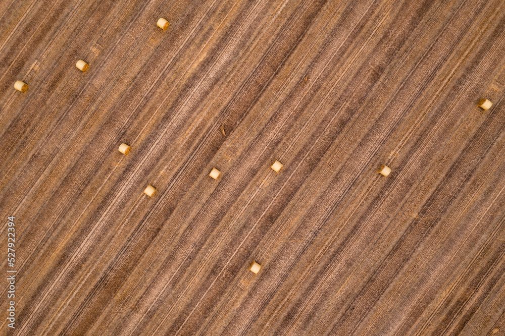 Aerial view of hay bales in a field after harvest in summer Aerial view of hay bales in a field after harvest in summer